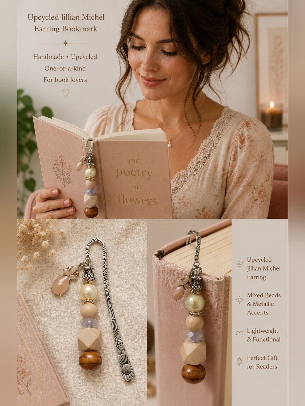 Jillian Michel Upcycled Earring Beaded Bookmark Peach Pearl Boho Reader Gift